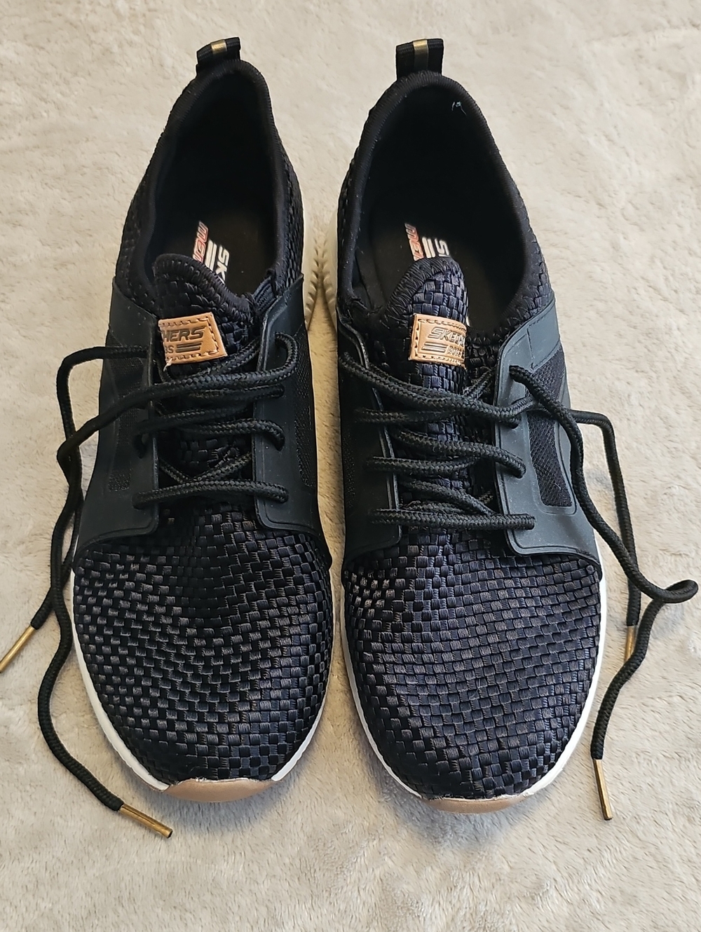 Skechers Men’s Black Woven Slip-On Lace Sneakers with Tan Accents